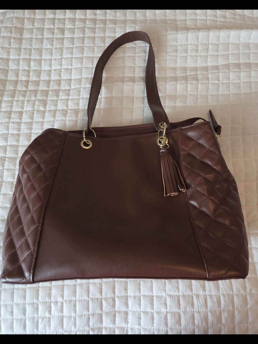 Bueno Brown Quilted Satchel Tote with Tassel